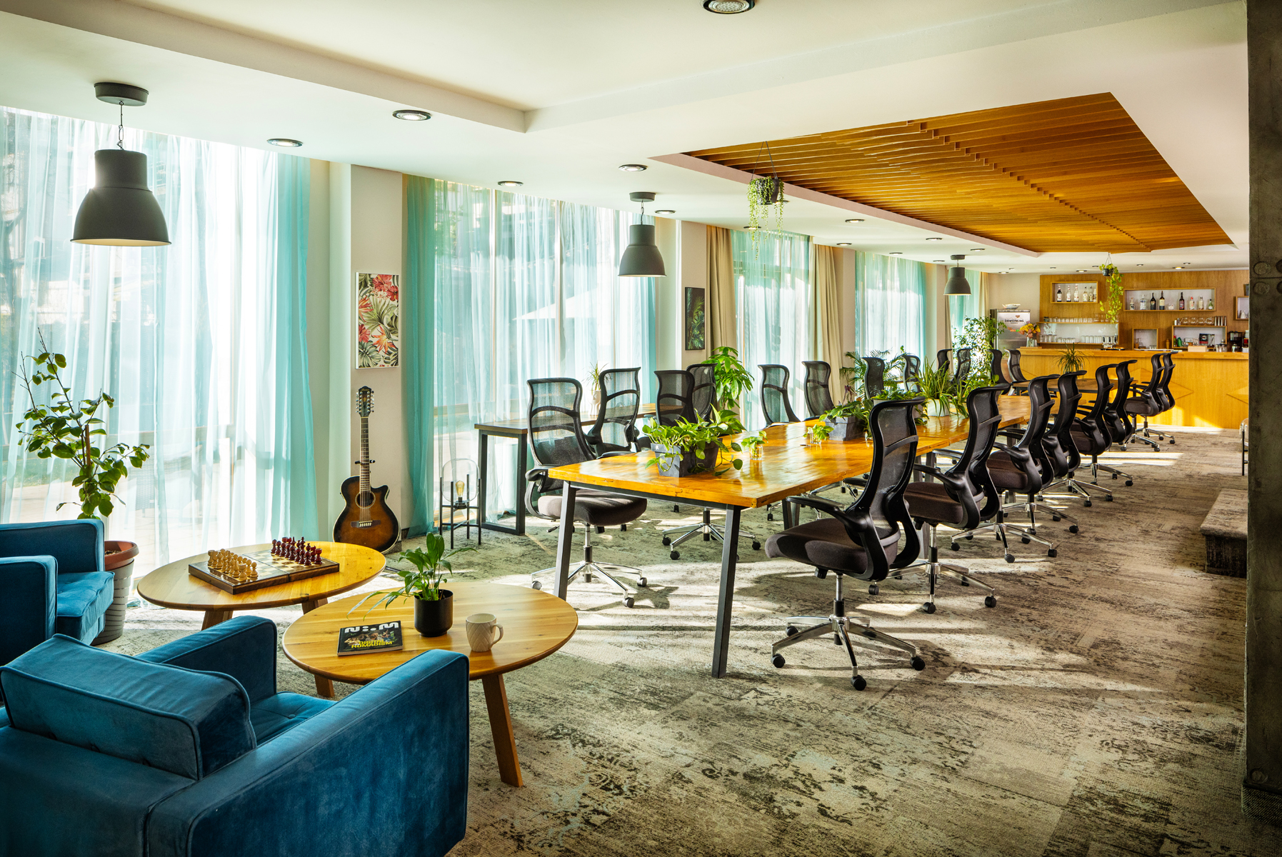 Coworking lounge in Bansko, Bulgaria with mountain views and natural light
